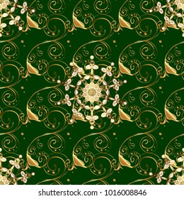 Damask gold abstract flower seamless pattern on green and yellow colors. Ornate decoration. Vector illustration.