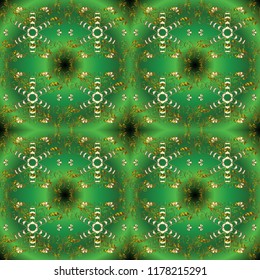 Damask gold abstract flower seamless pattern on green, brown and yellow colors. Ornate decoration. Vector illustration.