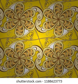 Damask gold abstract flower seamless pattern on yellow, brown and beige colors. Ornate decoration. Vector illustration.