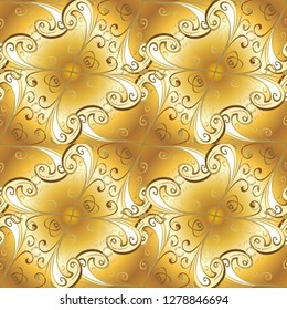 Damask gold abstract flower seamless pattern on beige and yellow colors. Ornate decoration. Vector illustration.