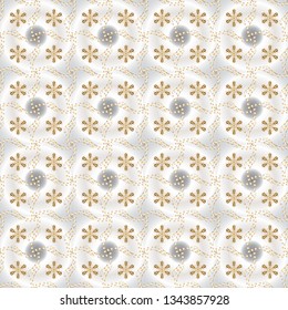 Damask gold abstract flower seamless pattern on gray and neutral colors. Ornate decoration. Vector illustration.