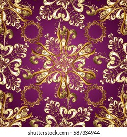 Damask gold abstract flower seamless pattern on purple background. Ornate decoration. Vector illustration.