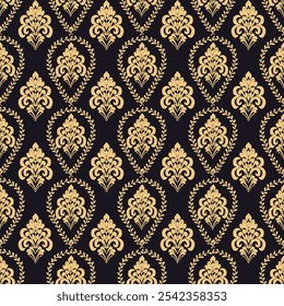 damask gold design on a black background.