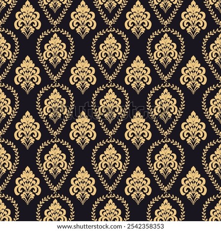 damask gold design on a black background.