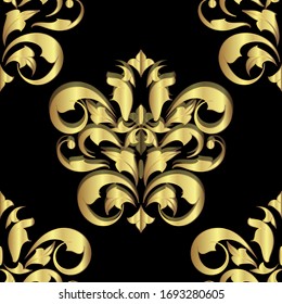 Damask gold floral pattern on a black background, baroque  seamless pattern 