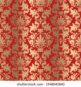 Damask gold pattern in vector on a red background. Indian, Turkish, Arabic motives 