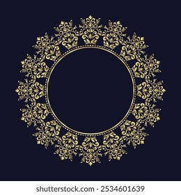 Damask Gold Round patterned border, Golden pattern with place for text, Flower frame, Ornament for decoration of cards and invitations, Circular arabic pattern, Round baroque ornament, Vintage frame
