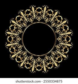 Damask Gold Round patterned border, Golden pattern with place for text, Vintage Flower frame, Ornament for decoration of cards and invitations, Elegance Circular pattern, Round baroque ornament