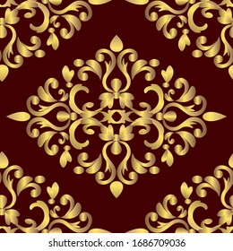 Damask gold seamless floral pattern on a brawn background, baroque gold ornament.