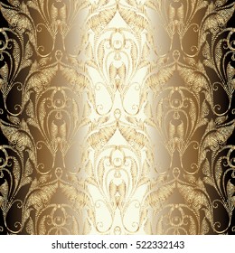 Damask gold seamless pattern. Floral vector gold background wallpaper with 3d gold vintage decorative damask flowers leaves and pattern ornaments. Floral grunge gold  texture with effect of embroidery