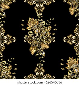 Damask golden abstract flower seamless pattern on black background. Ornate decoration. Vector illustration.