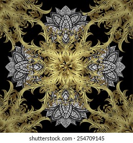 Damask golden floral pattern on a dark colors with white doodles. Ornate decoration. Vector illustration.