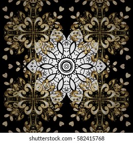 Damask golden floral pattern on a colors with white doodles. Vector illustration. Ornate decoration.