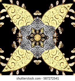 Damask golden floral pattern on a black background with white doodles. Ornate decoration. Vector illustration.