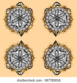 Damask golden floral pattern on a beige background with white doodles. Ornate decoration. Vector illustration.