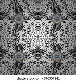 Damask golden floral pattern on a blue background with white doodles. Ornate decoration. Vector illustration.