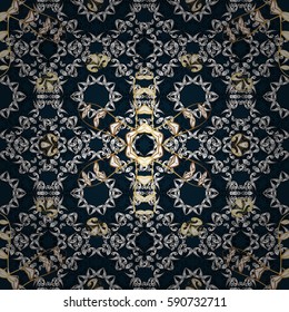 Damask golden floral pattern on a blue background with white doodles. Ornate decoration. Vector illustration.