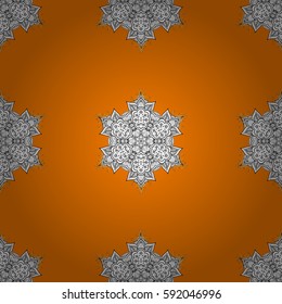 Damask golden floral pattern on a orange background with white doodles. Ornate decoration. Vector illustration.