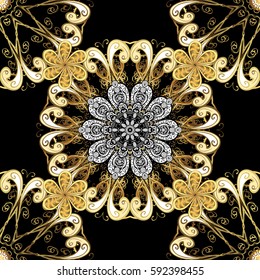 Damask golden floral pattern on a black background with white doodles. Ornate decoration. Vector illustration.