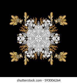 Damask golden floral pattern on a background with white doodles. Ornate decoration. Vector illustration.