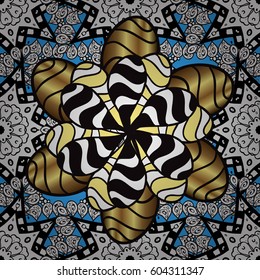 Damask golden floral pattern on a blue background with white doodles. Ornate decoration. Vector illustration.