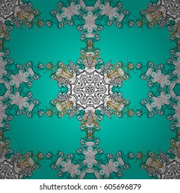 Damask golden floral pattern on a blue background with white doodles. Ornate decoration. Vector illustration.