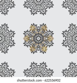 Damask golden floral pattern on a gray background with gray doodles. Ornate decoration. Vector illustration.