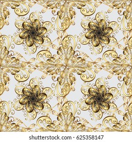 Damask golden floral pattern on a gray background with mandalas doodles. Ornate decoration. Vector illustration.