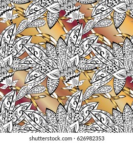 Damask golden floral pattern on a background with white doodles. Ornate decoration. Vector illustration.