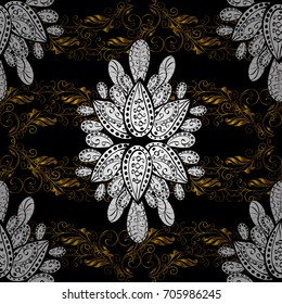 Damask golden floral pattern on a black background with white doodles. Ornate decoration. Vector illustration.