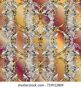Damask golden floral pattern on a beige, white and gray colors with white doodles. Ornate decoration. Vector illustration.