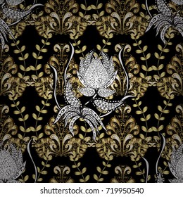 Damask golden floral pattern on a black, white and yellow colors with white doodles. Ornate decoration. Vector illustration.