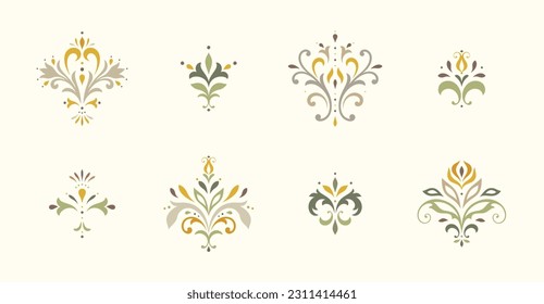 Damask graphic elements. Oriental floral ornament. Baroque and royal victorian trendy designs. For seamless patterns, wrapping, wallpaper, greeting and business cards, wedding invitations etc.