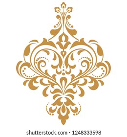  Ornamento gráfico Damasco. Elemento de diseño floral. Patrón vectorial dorado