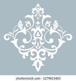 Damask graphic ornament. Floral design element. Blue vector pattern