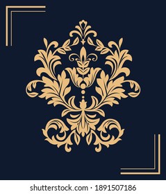 Ornamento gráfico Damask. Elemento de diseño floral. Patrón de vector oro y azul oscuro