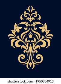 Damask graphic ornament. Floral design element. Dark blue and gold vector pattern