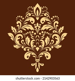 Damask graphic ornament. Floral design element. Gold and brown vector pattern