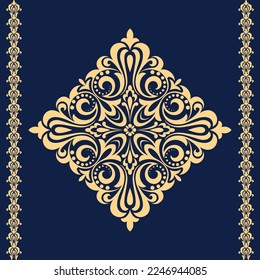 Damask graphic ornament. Floral design element. Gold and dark blue and white vector pattern