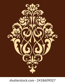 Damask graphic ornament. Floral design element. Gold and brown vector pattern