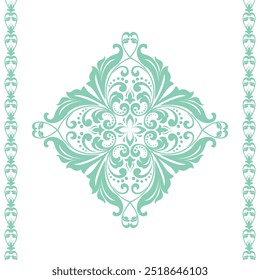 Damask graphic ornament. Floral design element. Green and white vector pattern