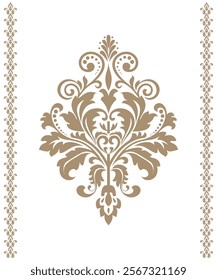 Damask graphic ornament. Floral design element. Beige and white vector pattern