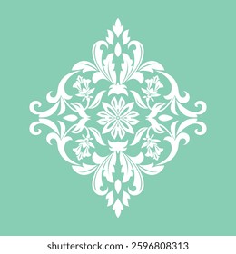 Damask graphic ornament. Floral design element. Green and white vector pattern