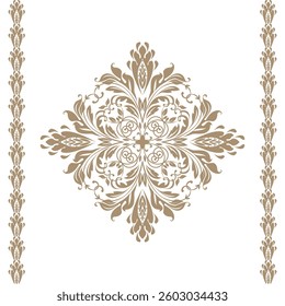 Damask graphic ornament. Floral design element. Beige and white vector pattern