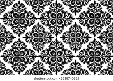 Damask green beautiful floral repeat pattern l Damask floral design for textile and paper printing - Black and white