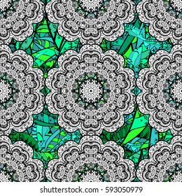 Damask green floral pattern on a background with gray doodles. Ornate decoration. Vector illustration.