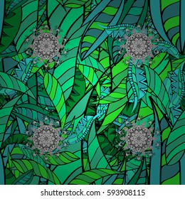 Damask green floral pattern on a background with gray doodles. Ornate decoration. Vector illustration.
