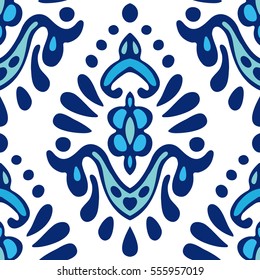 damask hand drawn floral design. Abstract seamless ornamental pattern for fabric blue and white