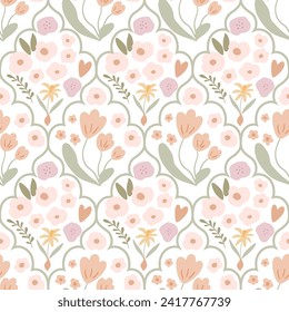 Damask hand drawn wallpaper. Pastel tiny flower seamless pattern. Vector floral spring design, repeat background, Cute Easter botanical print. Tulips, meadow flowers illustration. Rustic style
