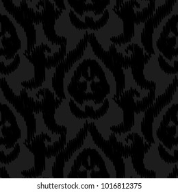 Damask ikat black elegant seamless vector wallpaper pattern. Classic luxury style velvet texture design.